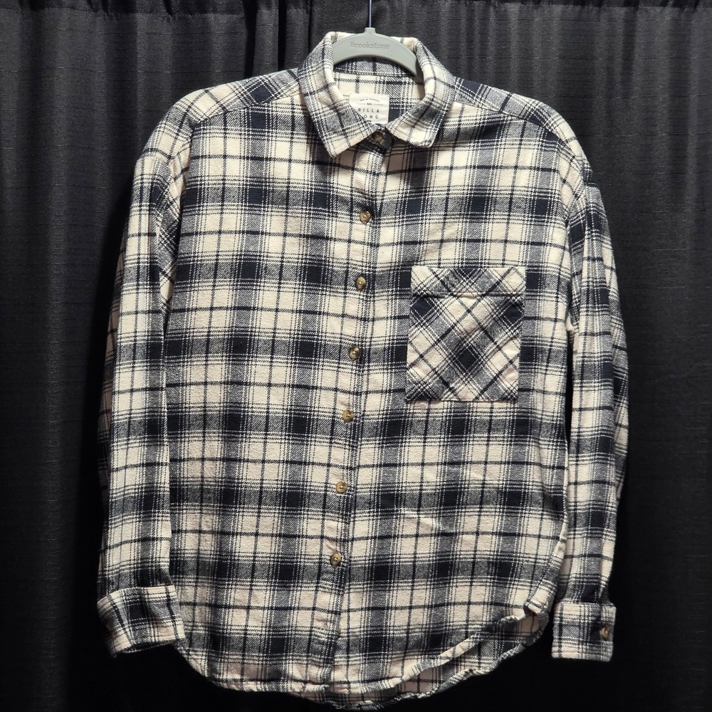 Billabong‎ Womens Black Cream Plaid Flannel Button Down Shirt Small Relaxed Fit